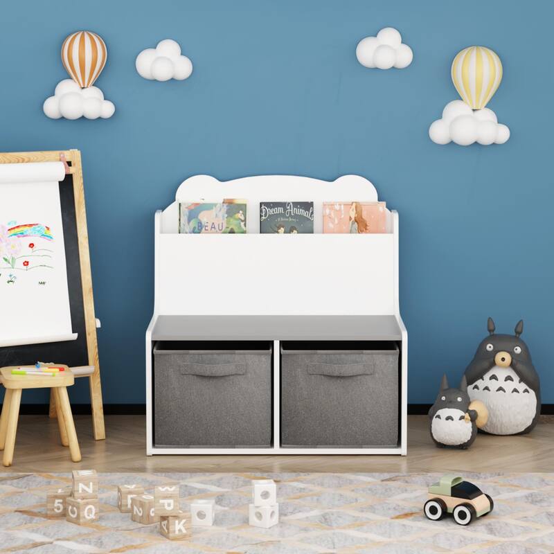 Kids Bookshelf with 2 Fabric Storage Bins-Wooden Bookcase with Book Display Shelf,Cute Bear-Shaped Backboard,Toy Organizer