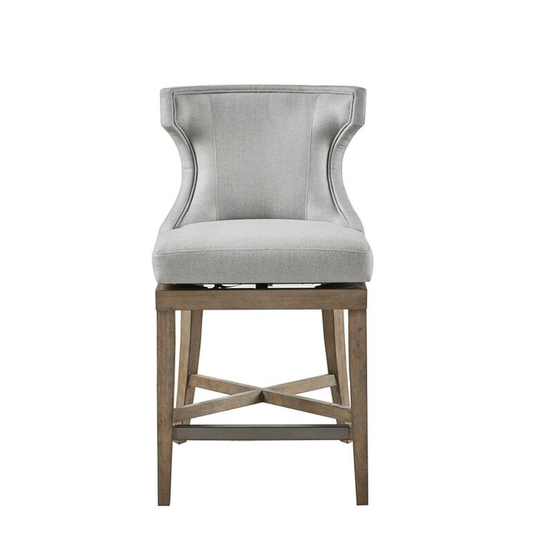 Roomfitters 360-Swivel Counter Stool, Upholstered Wingback Bar Chair with Piping and Metal Kickplate, Light Gray