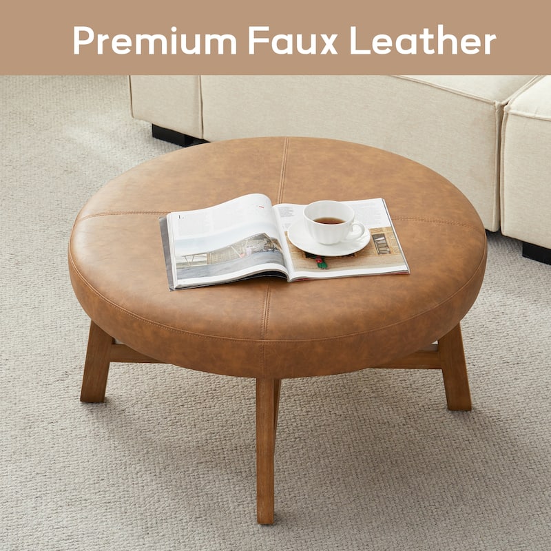 Round Upholstered Coffee Table with Solid Wood Base, Modern Fabric Ottoman Table for Living Room