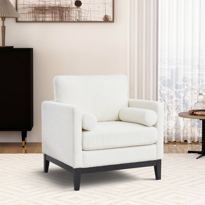 35" Farmhouse Style Boucle Single Sofa Accent Chair with Storage Footstool, Natural Wood Legs for Living Room, Office - Ivory + Black（Includ Chair）