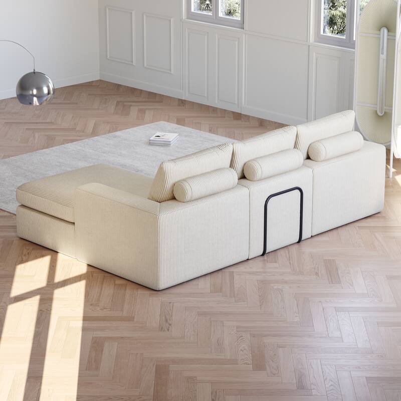 Roomfitters Modern 3-Seater Corduroy Cloud Sectional Sofa with Chaise, L-Shaped Boneless Couch with Pillows