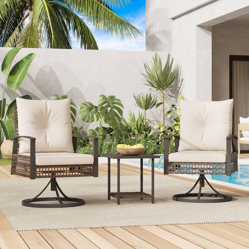 Outdoor Swivel Rocker Patio Chairs Set of 2 with Coffee Table &Cushions, Rattan Bistro Set for Porch, Backyard, Balcony