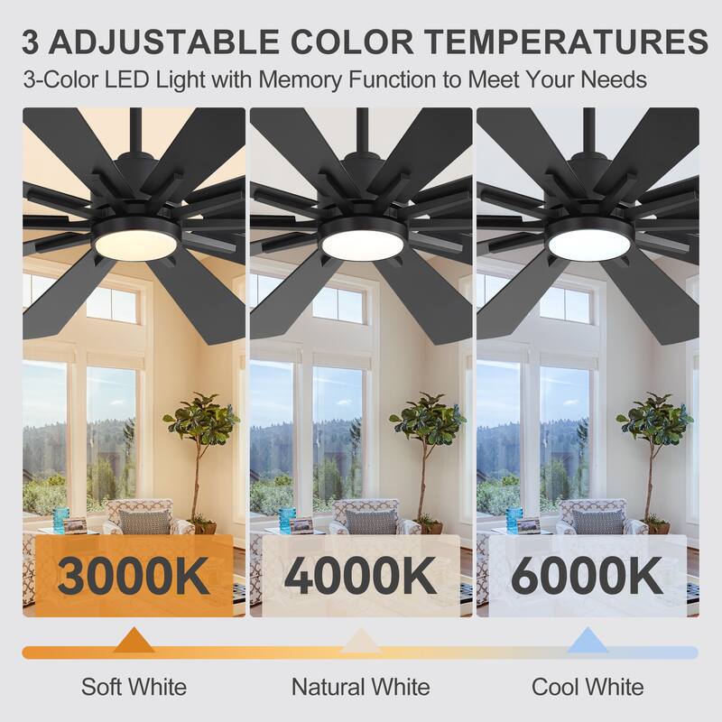 62"/72" Reversible 10-Blade Large LED Ceiling Fan with Light and Remote