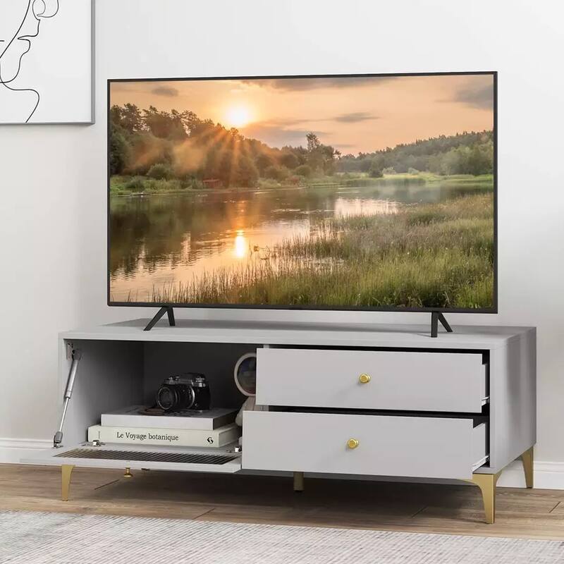 Modern TV Stand for 55" TVs W/ Drop Down Door Cabinet 2 Storage Gray - 47 inches in width
