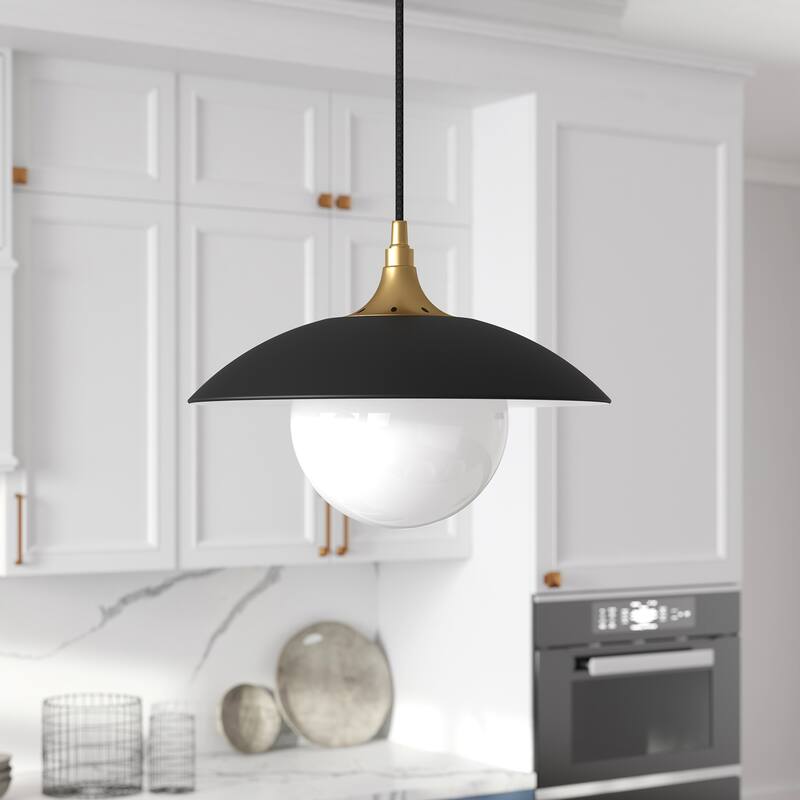 Alvia 14.5" Wide Pendant with Metal/Glass Shade - 14.5" Wide - Matte Black and Brass with Milk Glass