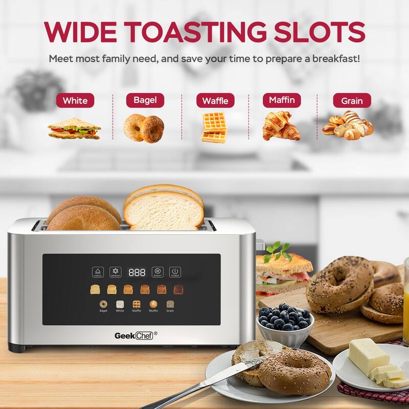 4 Slice Toaster with Extra Wide Slots, Stainless Steel Touch Screen Toaster with LED Display, Auto Shut Off