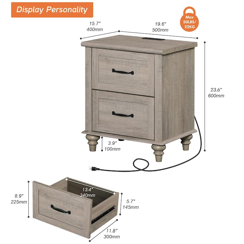 Nightstand with Charging Station, 2-Drawer End Table for Bedroom