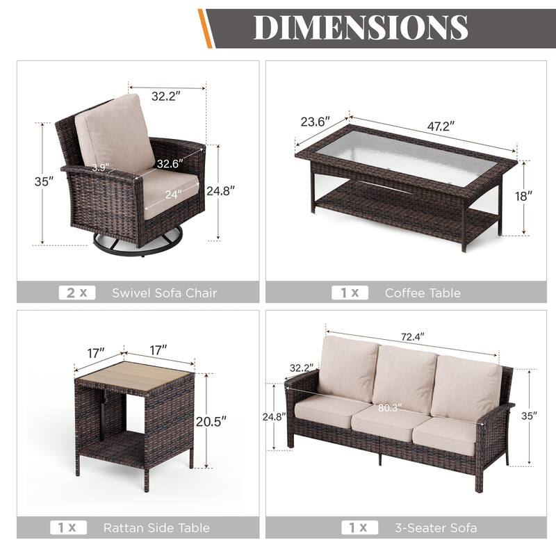 MAISON ARTS 7-Piece Extra-Large Patio Wicker Sofa Conversation Set with Table, Oversize Seat with 5.5'' Thick Padded Cushion