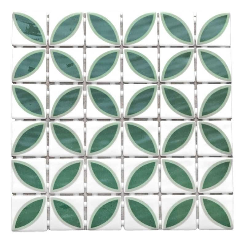 Eterna Lily 2x2 Matte & Shiny Glass Floral Mosaic Tile - Floor, Wall, Backsplash - 4 x 4 Sample - Basil