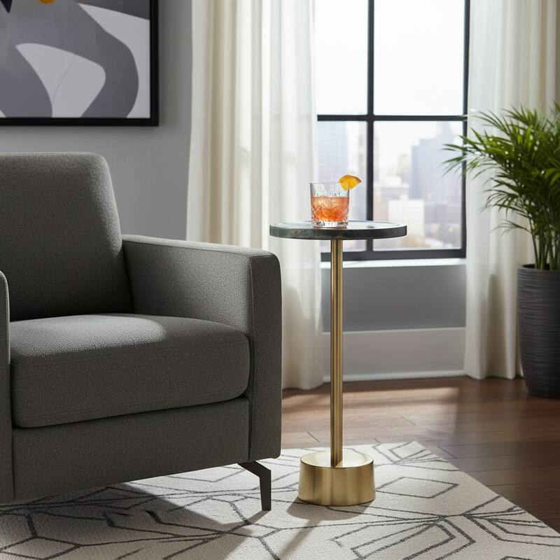 Stone Metal Side Table Modern Round Top Pedestal Base - 24" Green - 24.0"