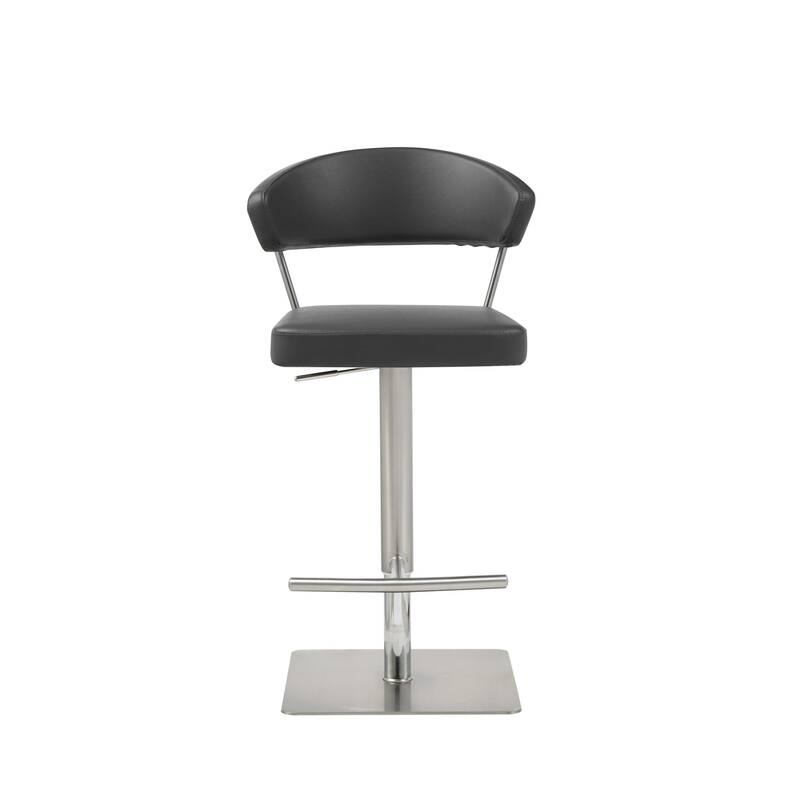 Black Faux Leather Bucket Bar Stool with Silver Stainless Steel Pedestal, Adjustable Height - 22” x 20” x 34” (D x W x H) - Black