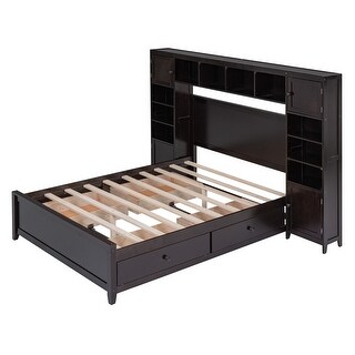 Full Size Wooden Storage Bed with All-in-One Cabinet and Shelf, Brown