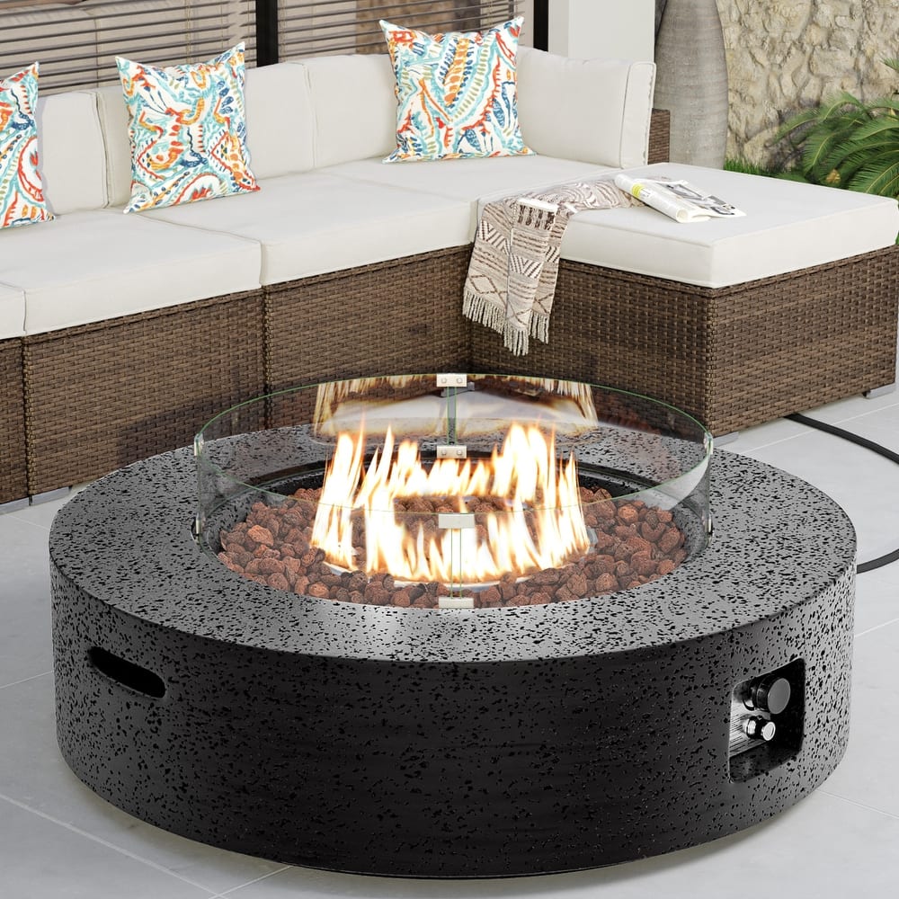 COSIEST Ecru Round Outdoor Propane Fire Pit with Wind Guard