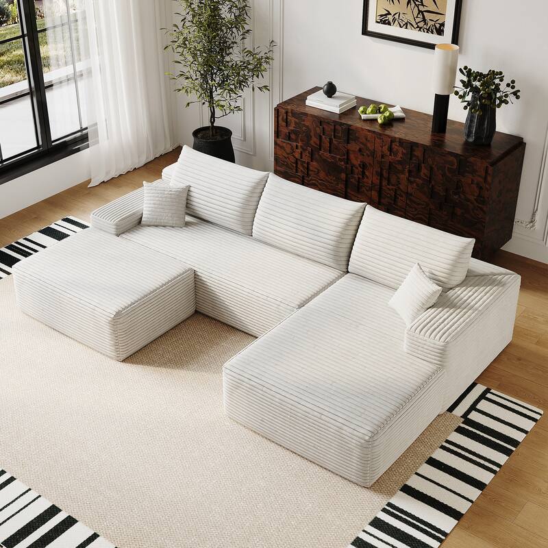 U-Shape Modular Sectional Sofa with Chaise & Ottoman, Corduroy Boneless Cloud Sofa, Corner Upholstered Sleeper Sofa - White