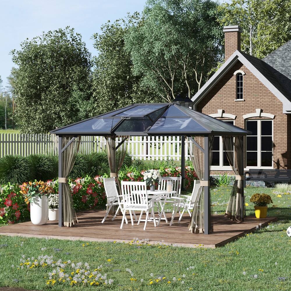 Outsunny 10x12 Hardtop Gazebo with Aluminum/Metal Frame, Polycarbonate Gazebo Canopy with Netting and Top Vent