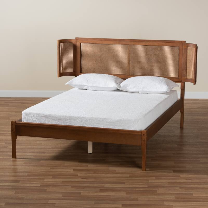 Eridian Mid-Century Modern Walnut Brown Finished Wood and Natural Rattan Platform Bed