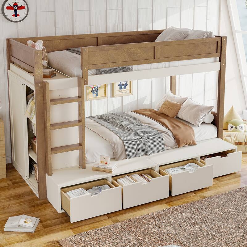 Twin Over Twin/Twin XL Over Full Bunk Bed Solid Wood Storage Bedframe with Built-in Wardrobe, 4 Under Drawers and Guardrails