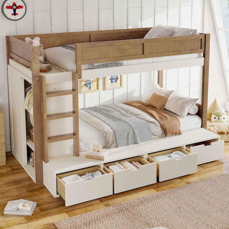 Twin over Twin Bunk Bed with 4 Drawers & Wardrobe - Solid Wood, Full-Length Guardrails, No Box Spring