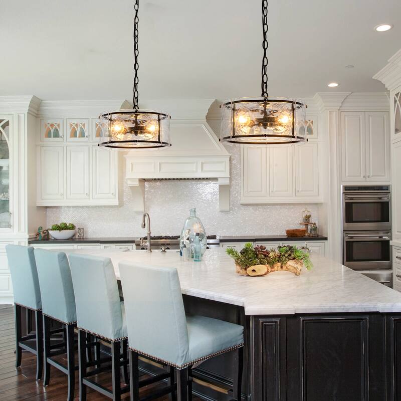 3 - Light Farmhouse Lantern Ripple Glass Drum Chandelier