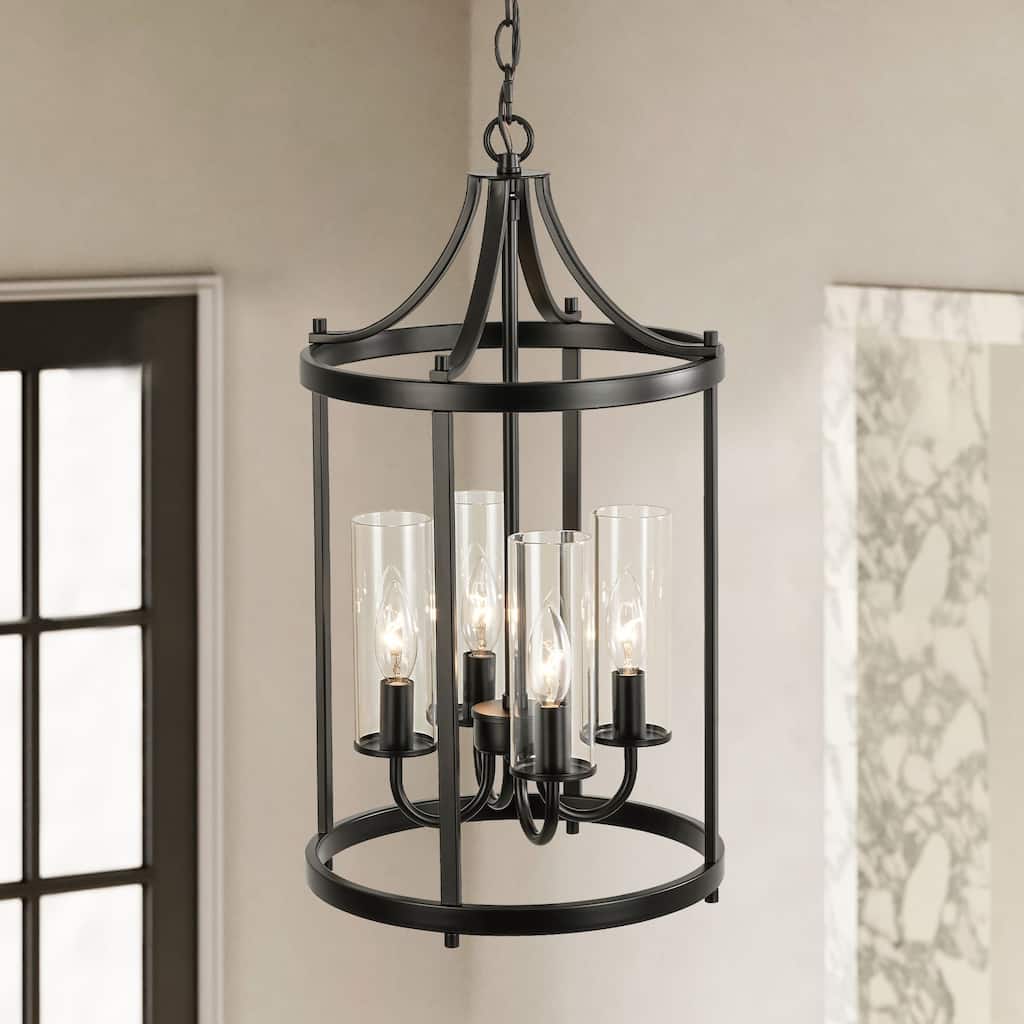 4-Light Traditional Black Drum Lantern Kitchen Island Pendant Lighting with Clear Glass Shade - 12.2 in. W x 22.44 in. H