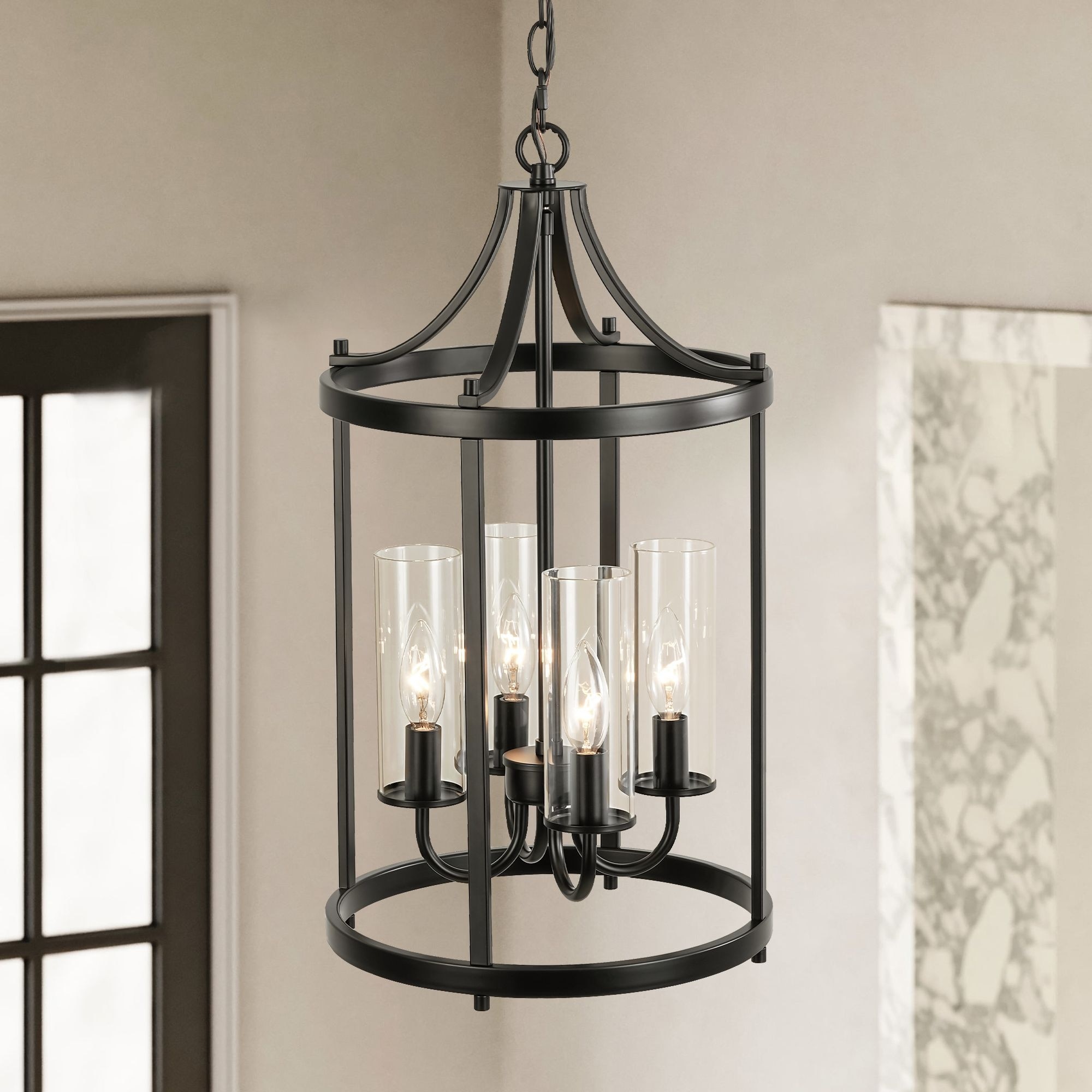 Rennnsan 4-Light Traditional Black Drum Lantern Kitchen Island Pendant Lighting with Clear Glass Shade