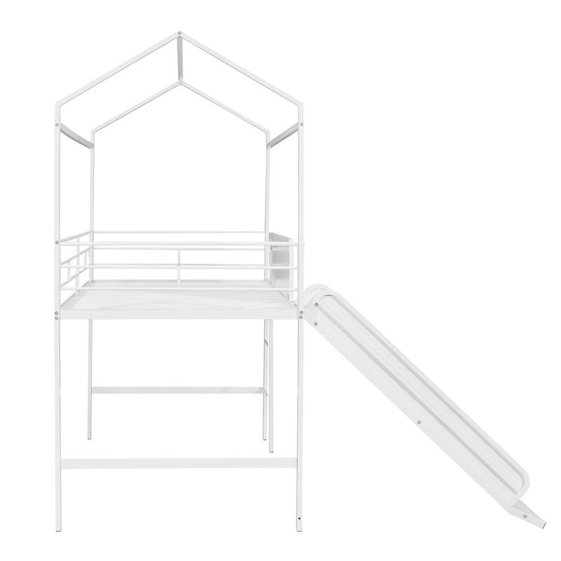 Twin Size Metal Loft Bed with Slide and Writable Wooden Board, White