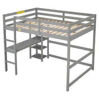 Full Pine Wood Loft Bed with Built-in Desk, Ladder, Guard Rails, Grey
