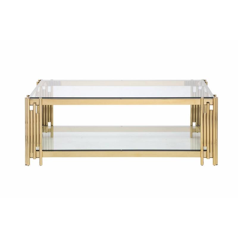 48" Wide Rectangular Coffee Table with Glass Top and Golden Stainless Steel Frame