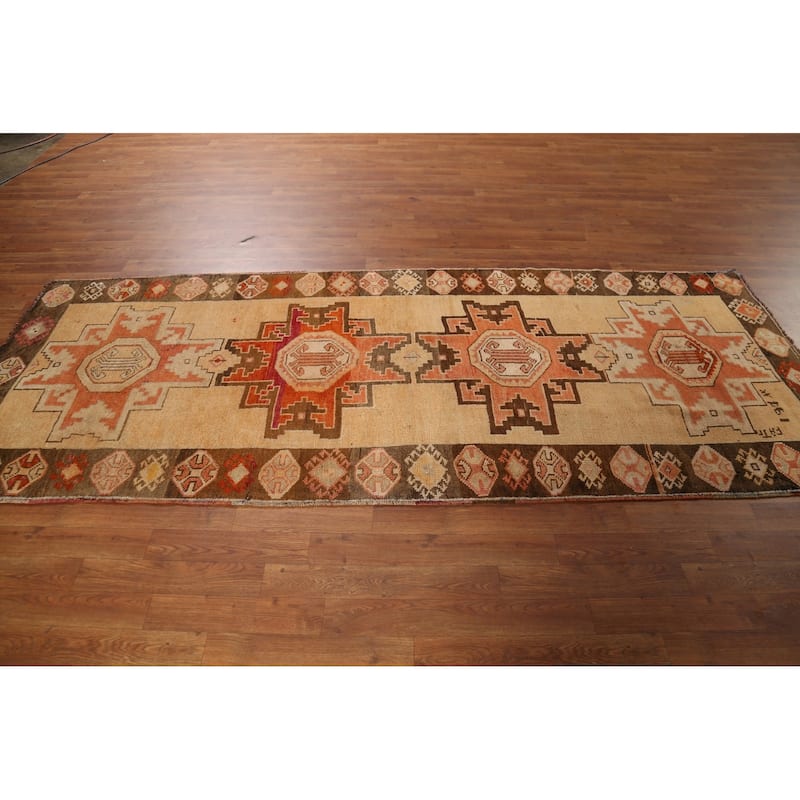 Anatolian Turkish Vintage Runner Rug Hand-Knotted Tribal Wool Carpet - 3'7"x 9'3"