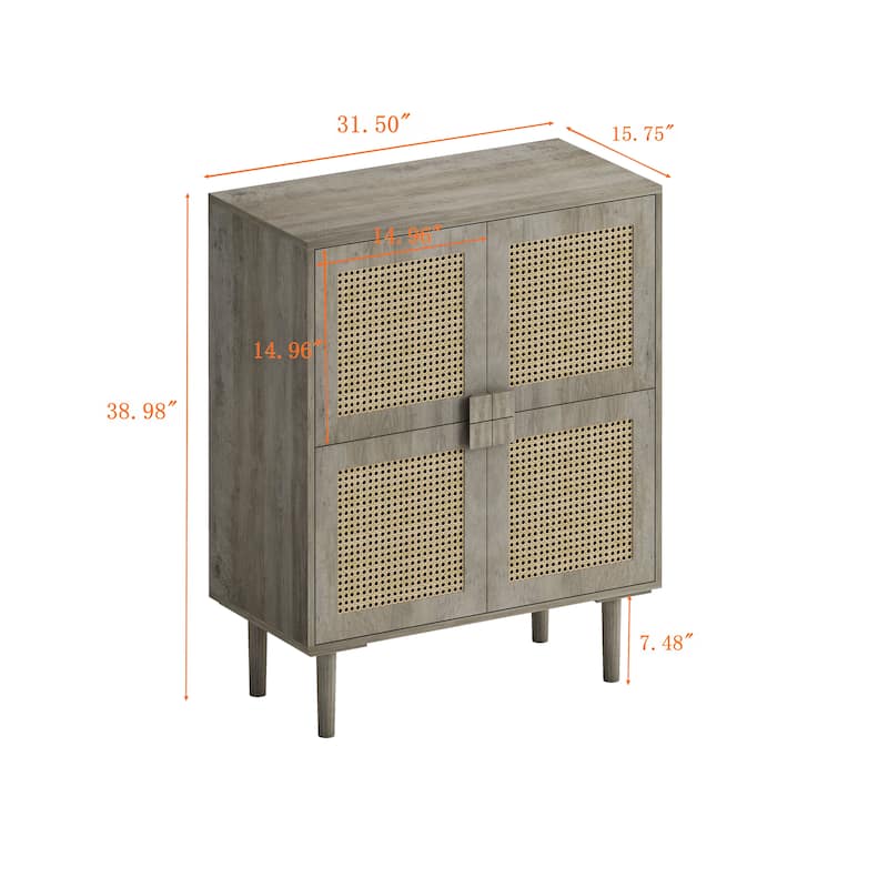 Modern Storage Cabinet with Adjustable Shelves and Four Rattan Mesh Decorative Doors