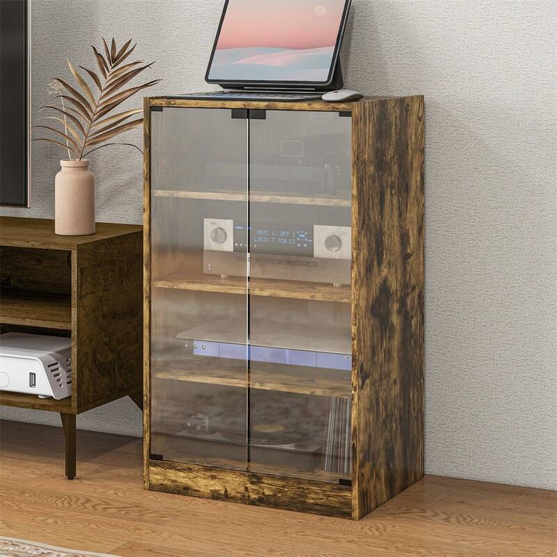 4 Tier Wood Cabinet with Adjustable Shelves,Tempered Glass Doors