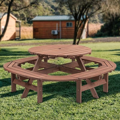 10-12-person Round Outdoor Wooden Picnic Table for Patio, Backyard, Garden