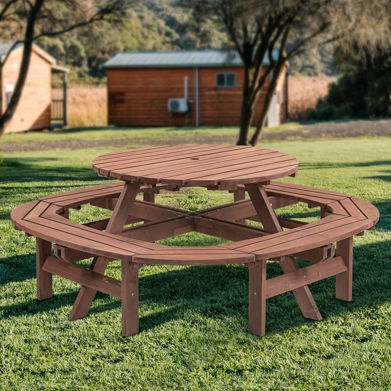 Large Round Wooden Outdoor Dining Table With Built-In Circular Bench – Seats 10-12 People, 500lb Capacity, Walnut Brown Finish.