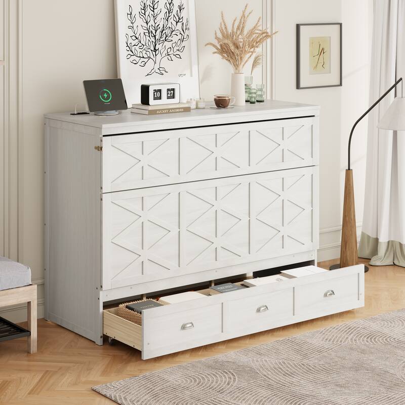 Queen Size Murphy Bed with Storage Drawers and USB Charging Vertical Cabinet Design