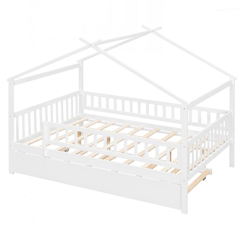 Full Size Wooden House Bed with Twin Size Trundle