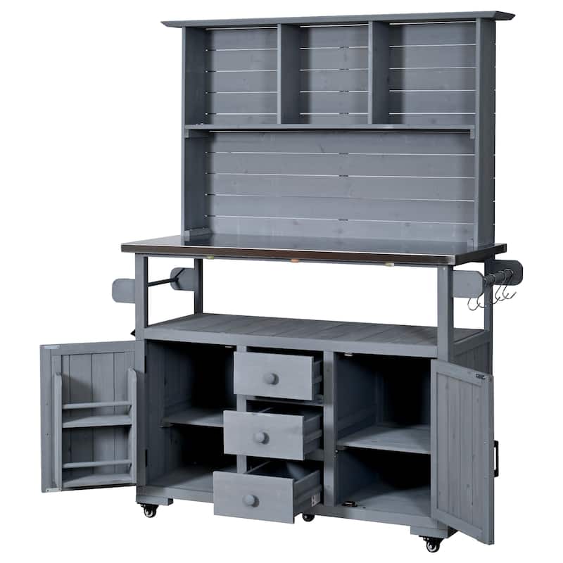 65" Outdoor Potting Bench with Stainless Steel Top, Rolling Garden Workstation with Hutch & Storage - Grey