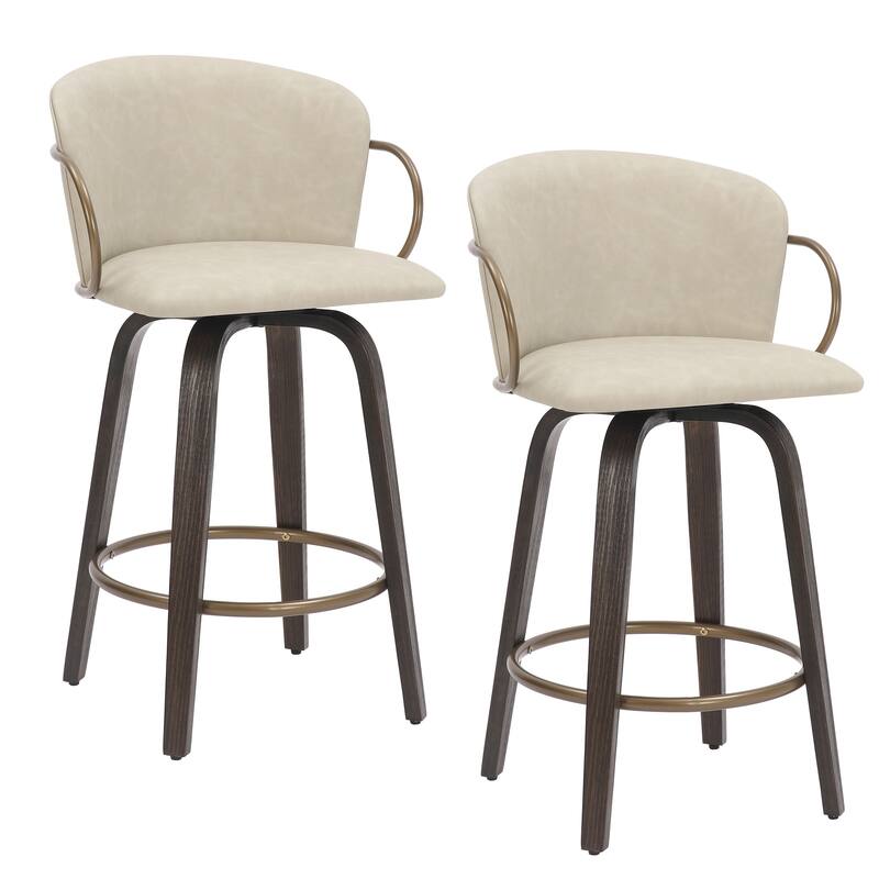 Set of 2 Mid-Century Faux Leather, Wood and Metal 26" Swivel Counter Stool