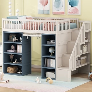 Full Size Kids Loft Bed with 2 Four-Layer Storage Cabinets and Curtain, Multifunctional Bed Frame with Storage Staircase