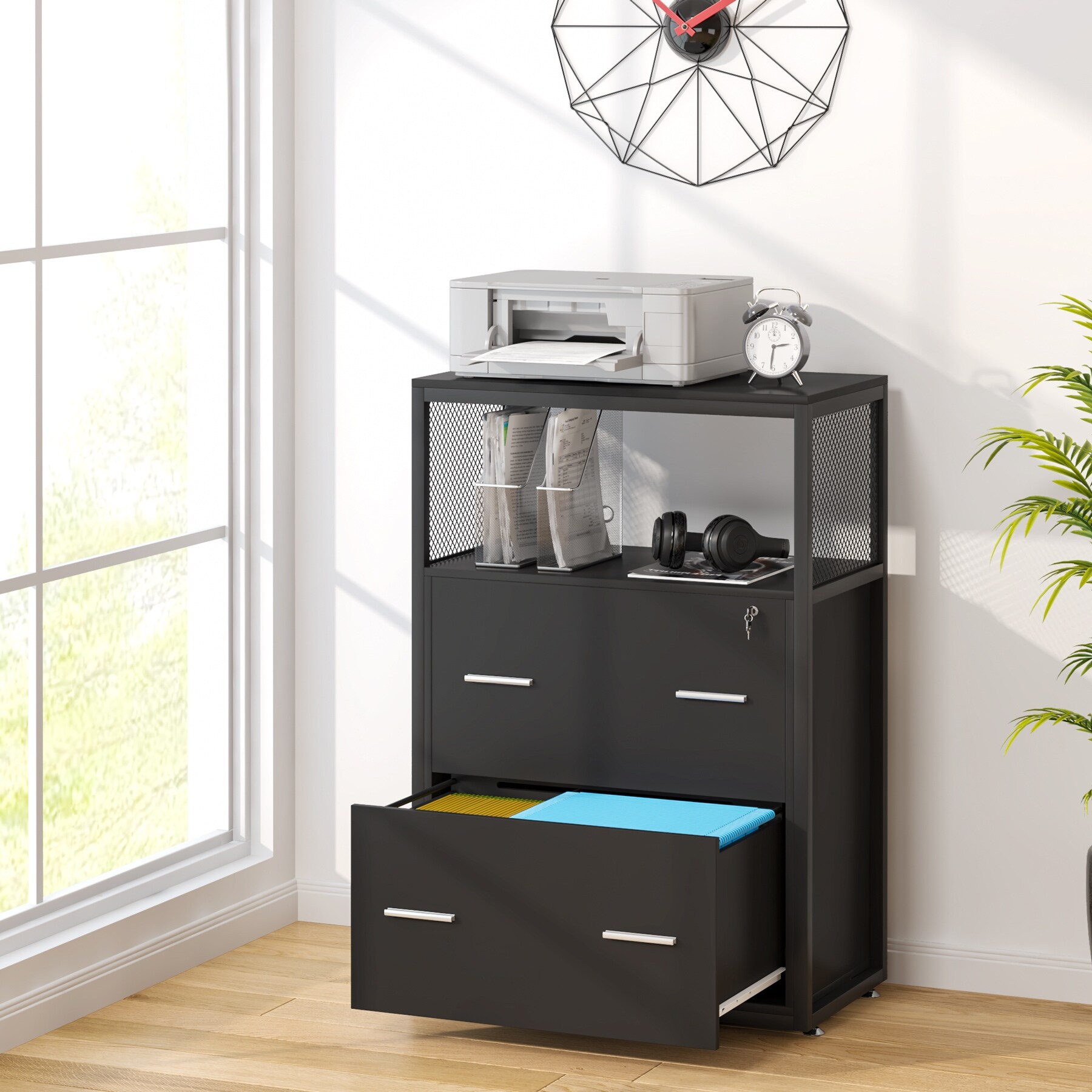 2 Drawer Lateral File Cabinet with Lock Letter A4 Size Large Modern Filing Cabinet Printer Stand