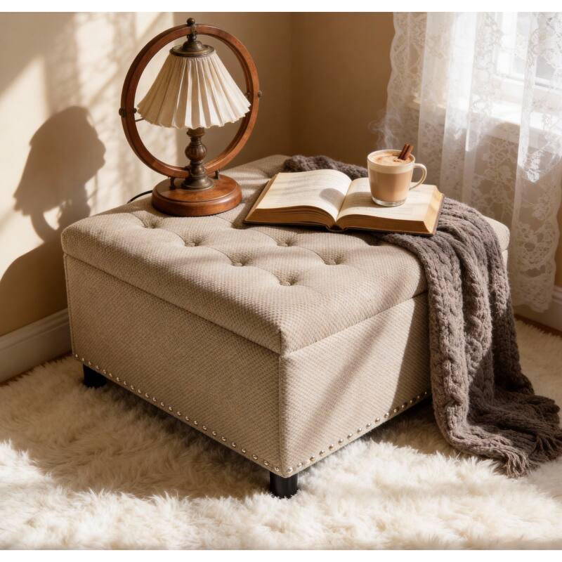 Storage Ottoman,Tufted Footstool, Nailhead Trim Ottoman, Square Storage Ottoman, Upholstered Coffee Table, Bedroom Storage