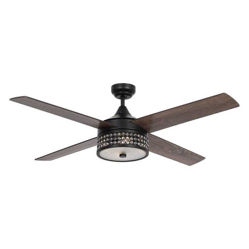 52" Matte Black Modern Crystal Ceiling Fan with Light and Remote Control - 52 in. D x 52 in. W x 15.25 in. H