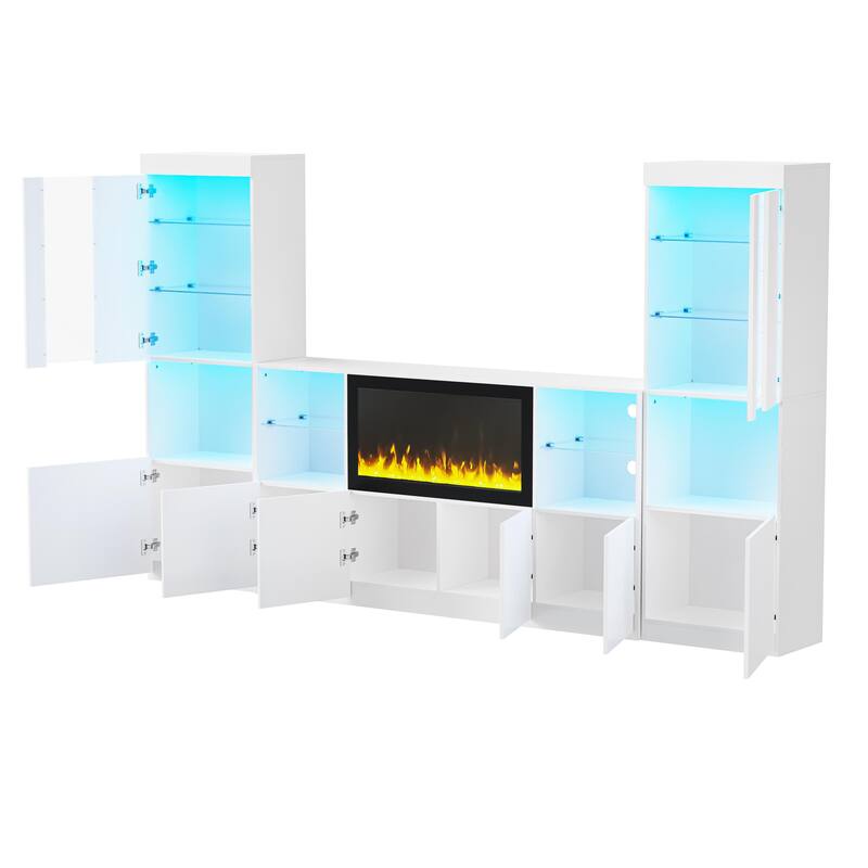 TV Stand with 34.2" Non-heating Electric Fireplace,Entertainment Center with LED Light,Tempered Glass Shelves for TVs up to 75"