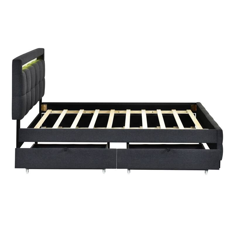 Queen Size Upholstered Platform Bed with LED Frame,with Twin XL Size Trundle