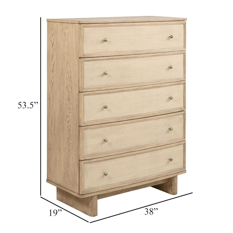 Lno Tall Dresser Chest, 5 Cane Accent Drawers w Brass Knobs, Oak Beige