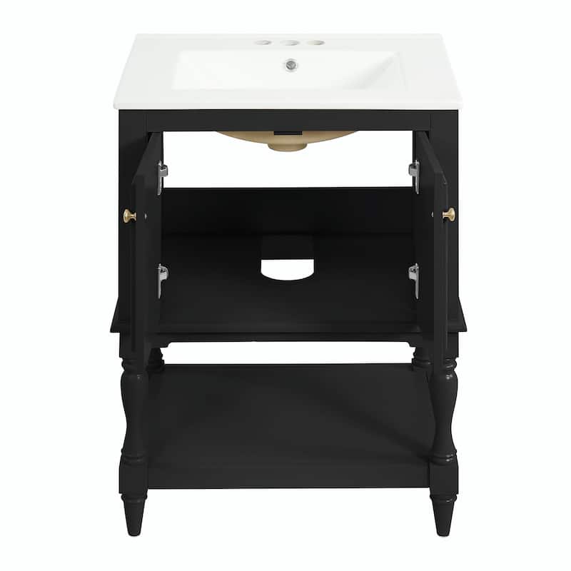 24" Modern Luxury Bathroom Vanity with Ceramic Sink, Freestanding Cabinet with Open Shelf and Enclosed Storage