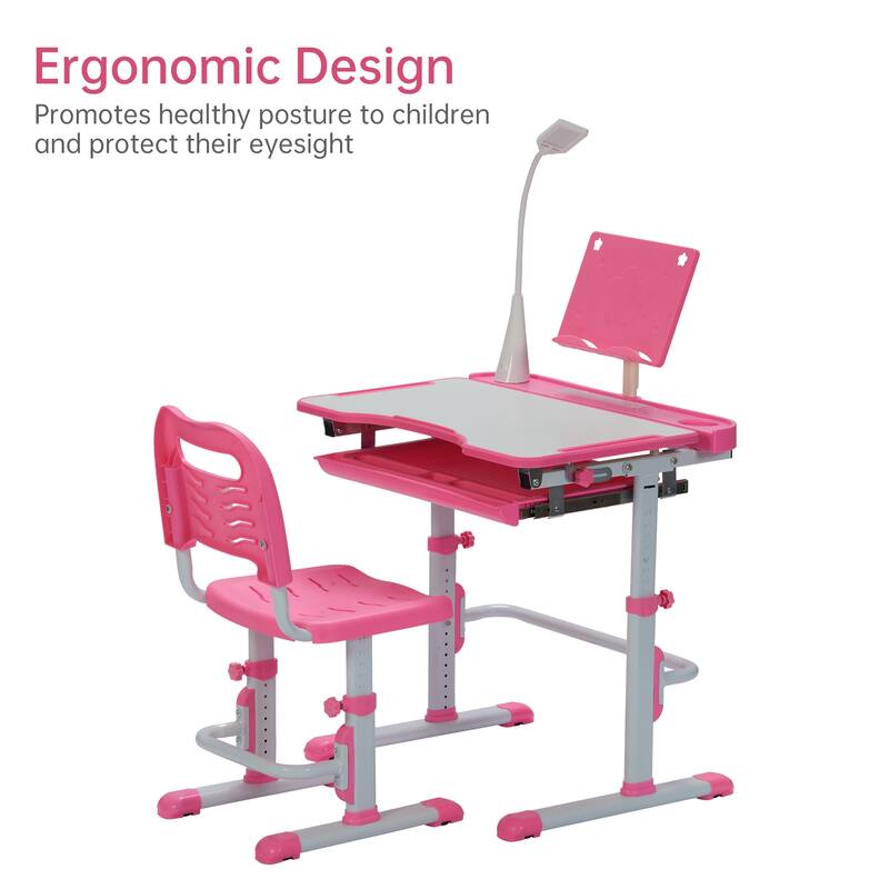 Ukuowu Height Adjustable Child's School Study Kids Desk and Chair Set with Tilt Desktop, LED Light, Storage Drawer, Book Stand