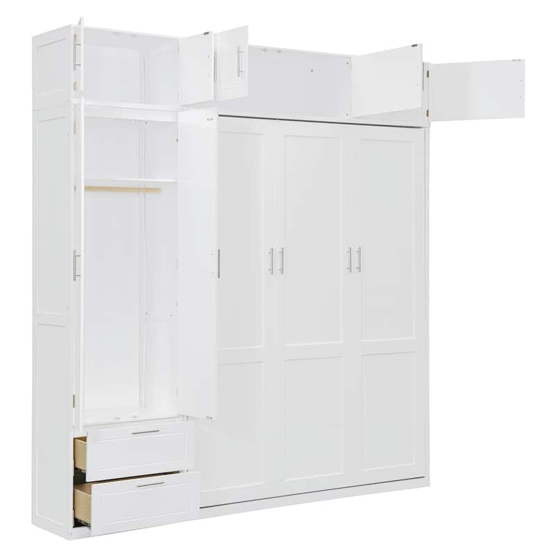 Queen Size Murphy Bed with Storage - Space-Saving Wall Bed with 3 Cabinets, Wardrobe and 2 Drawers