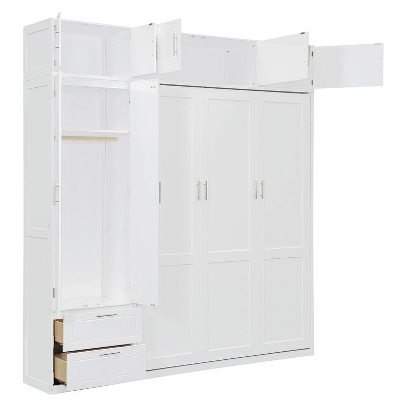 Queen Size Wall Murphy Bed with Top Cabinet & Shelves, Space-Saving Folding Bed Frame with Wardrobe & 2 Drawers