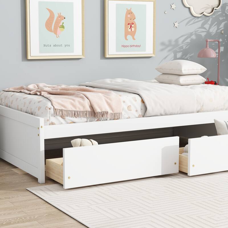 Twin Size Bed with 2 Drawers, Solid Rubber Wood Bed,White