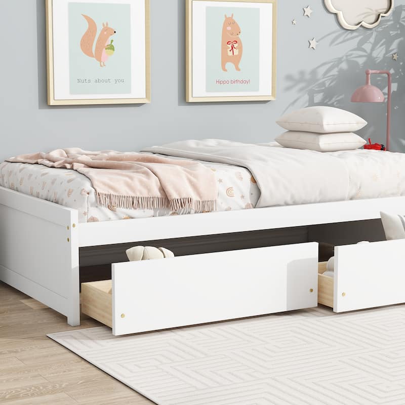 Twin Size Solid Rubber Wood Bed Frame with 2 Storage Drawers, Durable Wooden Platform Design